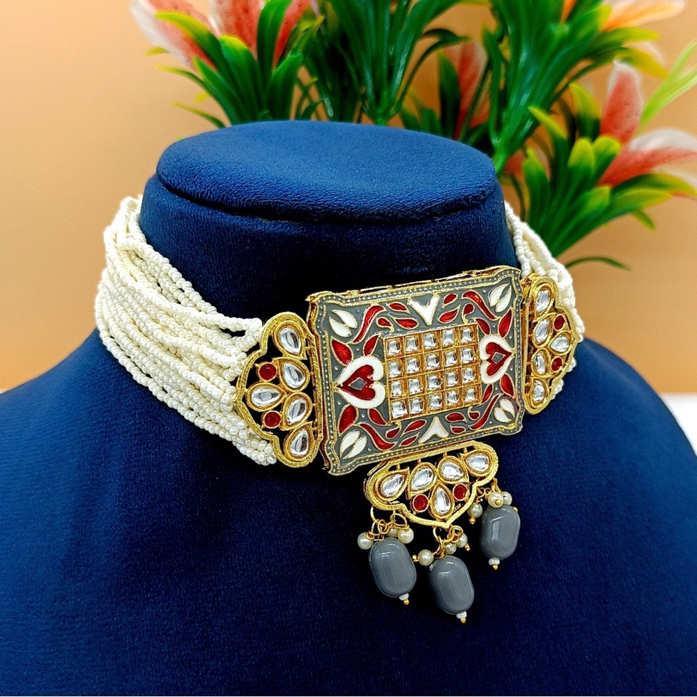 Fine Kundan Choker - Hand Painted Cuff Necklace - White Beaded Necklace- NEW